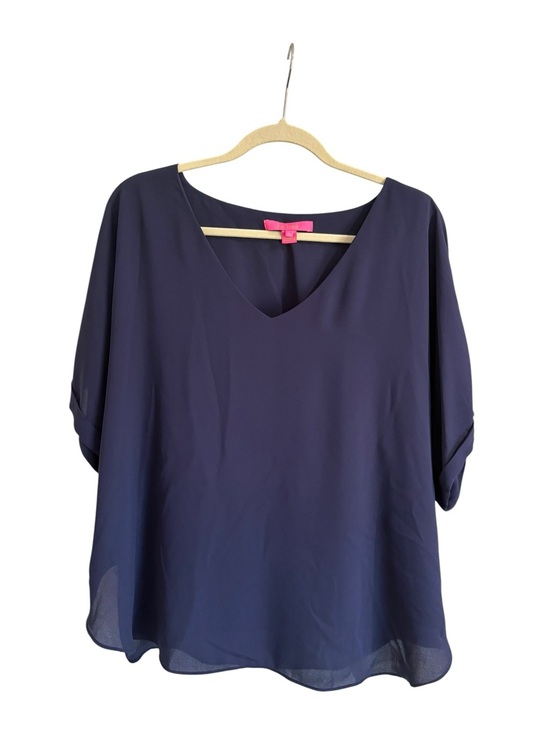 Lilly Pulitzer Tops - Lilly Pulitzer Navy Blue Silk-Look Blouse Top Women’s Large V-Neck Roll Tab